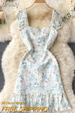 Style Dress Women 2023 New Spring Summer Sleeveless Floral Print Mini Dress Lace Embroidery Ruffles Sweet Ladies