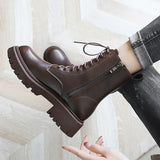 Brown Platform Ankle Boots Women Autumn Winter Thick Bottom Motorcycle Boots Woman Thicken Warm Lace Up Shoes