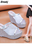 Golden Women Slippers Summer Shoes Platform(4cm) Outside Fitting-room 11cm High Heels Wedges Solid Mesh Female