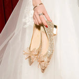 Butterfly-knot Flat Wedding Shoes Slip Shoes Women Shiny Gold Silver Bridal Shoes Beaded Flat Heels Med