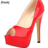 Sexy Peep Toe Platform Women Pumps 14cm Super High Patent Leather Heels Shoes Red Wedding