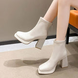 Women Ankle Boots Platform Square High Heel Ladies Short Boots Patent PU Leather Round Toe Women's Boots