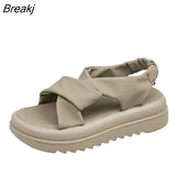 Women's Sandals Casual 2023 Summer Straight Buckle Open Toe Rubber Sole PU Solid Beach Fashion Sandals