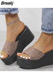 Wedge High Heeled Women Sandals New Arrived 2023 Bling Sequin Lady Slipper Peep Toe Comfort Walk Causal Sandals Plus