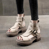 New Summer Shoes Women Sandals Retro Genuine Leather Women Wedges Platform Sandals Peep Toe High Heel Sandals