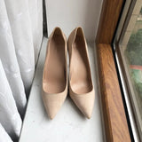 Nude Beige Synthetic Suede Women V Cut Pointy Toe High Heel Shoes Sexy Ladies Flock Slip On Stiletto Pumps