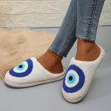 Cartoon Blue Eye Fur Slippers Women Home Warm Closed Toe Cute Cotton Slippers Woman Indoor Soft Lamb Wool Winter