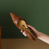 Brown Pointed Single Shoes Nuzhen Soft Leather 2024 New Flat-Heeled Shallow Ladle Shoes With French Flat