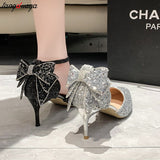 Bowknot Pumps Women New Silver Bling Sequins Wedding Party Shoes Woman Luxury Bling Upper Dress Heels Party