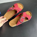Summer Women's Cow Suede Leather Cork Sandals Two Buckle Flats Sandals Women Retro Roma Style Fashion Slippers