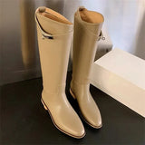 Style Women Knight Boots Buckle Strap Round Toe Flat Women High Knee Boots Slip-on Boots Female Women Shoes 2024