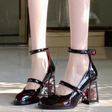 Fashion Burgundy Platform Pumps Women High Heels Buckle Strap Mary Jane Shoes Lady Goth Heeled for Party 18 Girls'
