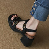 Sandals Female Middle Heel 2024 Summer Real Soft Leather Waterproof T-Shaped Buckle With Open-Toed High