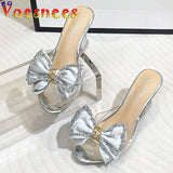 High Heels Summer Slippers Fashion Elegant Party Transparent Women Shoes Satin Big Bow Wedge Sandals 8CM Pink Pumps Size