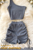 Casual Women 2 Piece Set Solid Summer Fashion One Shoulder Sleeveless Crop Top and Drawstring Shorts Workout