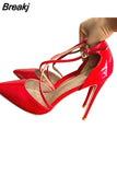 Women Patent PU Cross Strap Stiletto Pumps Pointed Toe 10cm High Heels for Elegant Ladies Chic Dress Shoes QP101