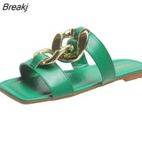 Sandals Slippers for Women Summer 2023 Metal Chain New Style All-match Flat-heeled Square Toe Fashion Korean Beach