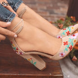 Women High Heels Pumps Embroidered Frosted Ankle Strap Shoes Female Shoes Sexy Lace-up Casual Zapatos Mujer Primavera