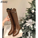 Boots Thick Med Heel Zipper Ladies Boots Round Toe Knee High Boots Autumn Winter Brown