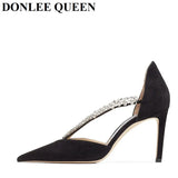 Fashion Brand Crystal Embellished High Heels Shoes Women Pointed Toe Dress Rhinestone Wedding Party Pumps Black Suede