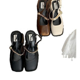 Breakj Sense Of Color Square Mary Treasure Shoes Coarse Heel Head Sandals Retro Commuter Buckle Back Empty Women Singles