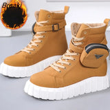 Pocket Boots Women Winter Shoes New White Female Canvas Shoes Autumn Platform Martern Boots Casual Plush Ankle