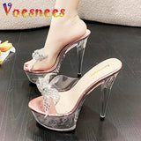 Summer Transparent Crystal Shoes Women's Platform Fashion New Slippers 15CM Ultra High Heels Sandals Rhinestone Bow