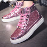 Skate Shoes Silver pink Lovers sequined Shoes Rivets Punk Glitter shoes Men Sneakers Youth High Top Street Flats
