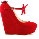 Flock Wedges Women Pumps High Heels Platform Ladies Bow Pump Fashion Round Toe Mary Janes Party Wedding