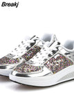 Women Casual Glitter Shoes Mesh Flat Shoes Ladies Sequin Vulcanized Shoes Lace Up Sneakers Outdoor Sport Running Shoes