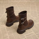 Round Head Belt Buckle Boots 2024 New Soft Leather Thick Heels Martin Boots Women's Knitted Elastic Thin