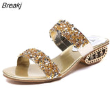 Sequin Slippers Women Summer Luxury Golden Square Heel Party Shoes Slides Woman Open Toe Med Heels Beach