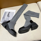 Autumn Winter Stretch Over The Knee Boots for Women Thick Heels Knitted Sock Boots Woman Slip On Platform Long