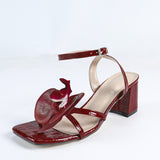 Breakj Women's High-Heeled Shoes Three-Dimensional Orchid Head Coarse Heel Night Party Wedding Campus Brick Red Sandals Spring And Summer