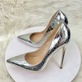 Silver Embossed Crocodile Effect Women Sexy Pointy Toe High Heel Party Shoes Bling Shiny Fashion Designer Stiletto