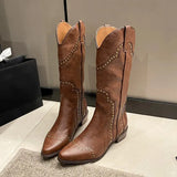 Retro Rivets Western Boots for Women 2023 Brwon Middle Heel Knee High Boots Woman Sexy Pointed Toe Cowgirl Long
