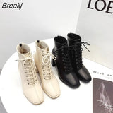 Women Ankle PU Leather 35-39 Feet Length Round Toe Chelsea Middle High Heels Boots Autumn Winter Rubber Shoes Female 2023