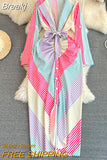 Casual Women Multi Color Striped Shirt Dress Fashion V-neck Long Sleeve Single Breasted Sash Lace-up Ruched Maxi