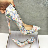 Women 12cm High Heels Pointed Toe Shallow Party Wedding Fashion Print Dress Shoes Plus Size BM002