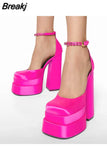 Brand Women High Heesl Shoes Sexy Thick Heel Platform Shoes Square Toe Rhinestone Woman's Pumps Party Wedding Shoes