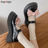 Cute Bowknot Platform Mary Janes Women Round Toe Pearl Ankle Strap Lolita Shoes Woman 2023 New Patent Leather Lovely