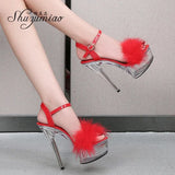 Sandals For Women Waterproof Platform Women Shoes 2023 Summer New Fur Transparent High Heels 14.5cm Female Party