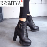 Women Autumn Ankle Boots Sexy Office High Heels Platform Boots Round Toe Leather Booties Black Pumps Ladies Party Shoes New