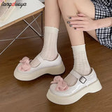 Cute Bowknot Platform Mary Janes Women Round Toe Pearl Ankle Strap Lolita Shoes Woman 2023 New Patent Leather Lovely