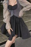 Vintage 2 Piece Dress Set Woman Lolita Y2k Mini Dress Casual Korean Style Strap Dress Sweet Kawaii Suits 2023 Spring