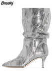Women's Boots Snakeskin Print Pleated Mid Heel Party Shoes Pointed Toe Slip On Sexy Stiletto Women Motorcycle