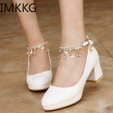 Women Wedding Shoes Crystal Preal Ankle Strap Bridal Shoes Woman Dress Shoes Seay Pumps Sweet Party