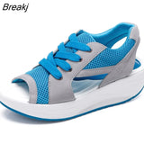Sandals 2023 New Ladies Platform Sandals Wedge Lace-Up Comfortable Women Sandals Open Toe Mesh Casual Summer