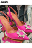 Buckle Drill Women Pumps Office Lady High Quality Wedding Shoes Rose Red Satin High Heels Women Stiletto Sandals
