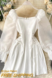 Short Party Dress Women Vintage Square Collar Hollow Out Mesh Puff Sleeve Lace up Slim Waist A Line Mini Club
